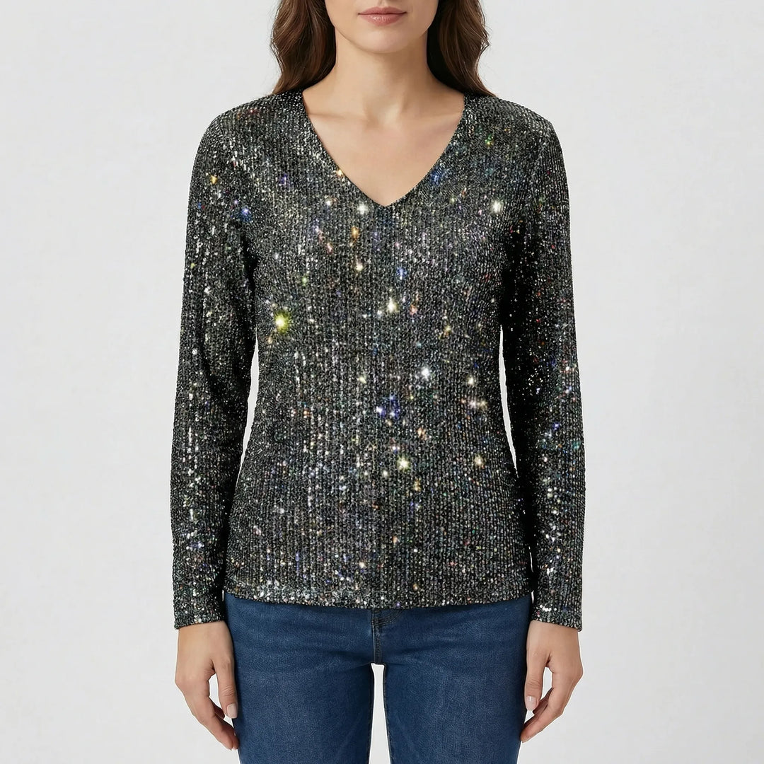 Luxurious women's shimmer V-neck long-sleeve blouse, an elegant and comfortable party top.