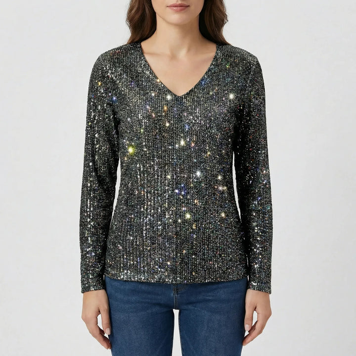 Luxurious women's shimmer V-neck long-sleeve blouse, an elegant and comfortable party top.