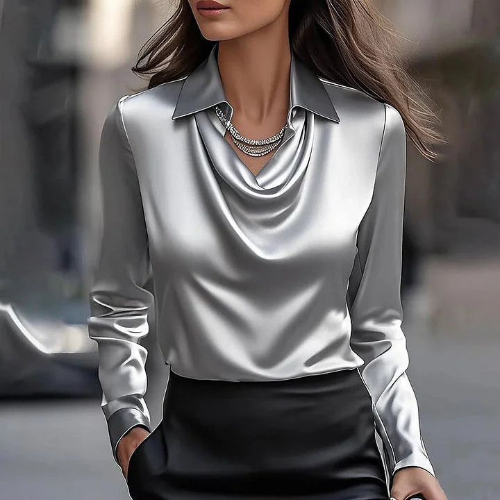 Stylish women's V-neck blouse, a shiny elegant top suitable for work wear & dressy casual.