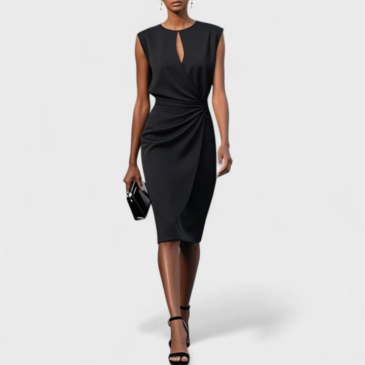 Draped women's cocktail midi dress with sleeveless design & modern cutout, a stylish choice for spring events.