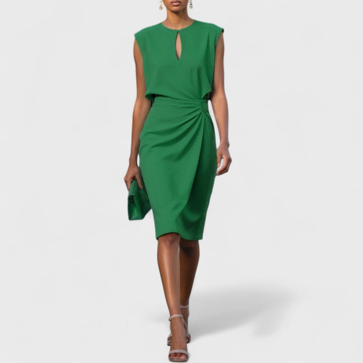 Elegant women's sleeveless formal dress, a pleated midi with a tasteful cutout, embodying sophisticated evening wear.