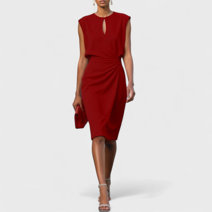 Women's fashion-forward sleeveless midi dress, with a distinctive cutout and beautiful pleating for a draped look.