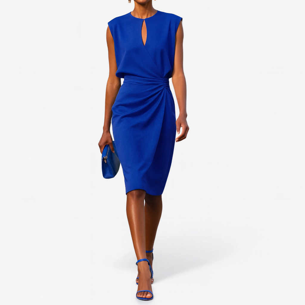 Stylish women's sleeveless midi dress, featuring a flattering cutout and elegant pleats, suitable for any occasion.
