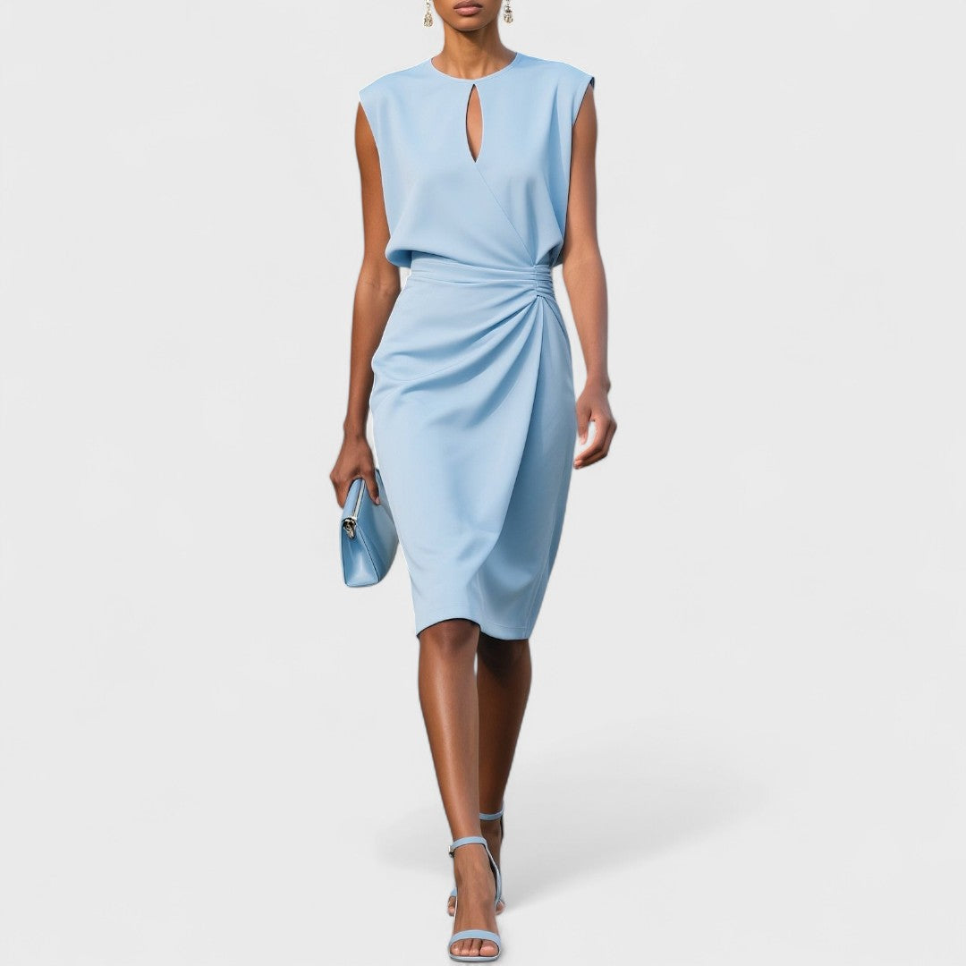Chic women's draped midi dress, sleeveless with a striking cutout & flowing pleats, perfect for an elegant look.