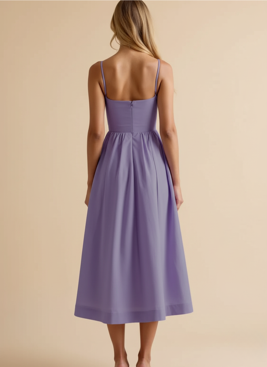 Chic women's scoop neck fit & flare midi dress with spaghetti straps, great for elegant occasions.