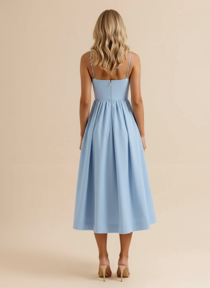Beautiful women's elegant midi dress, spaghetti strap, scoop neck, and classic fit & flare silhouette.