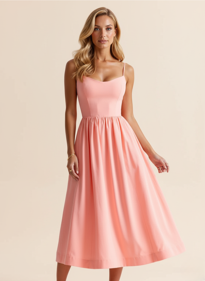 Front view: Women's summer fit & flare midi dress, spaghetti straps, scoop neck, a versatile wardrobe essential.