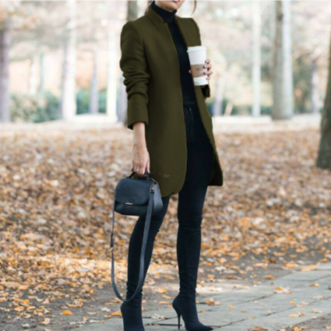 Warm women's fall coat, stand collar, elegant design for ladies' fashion.