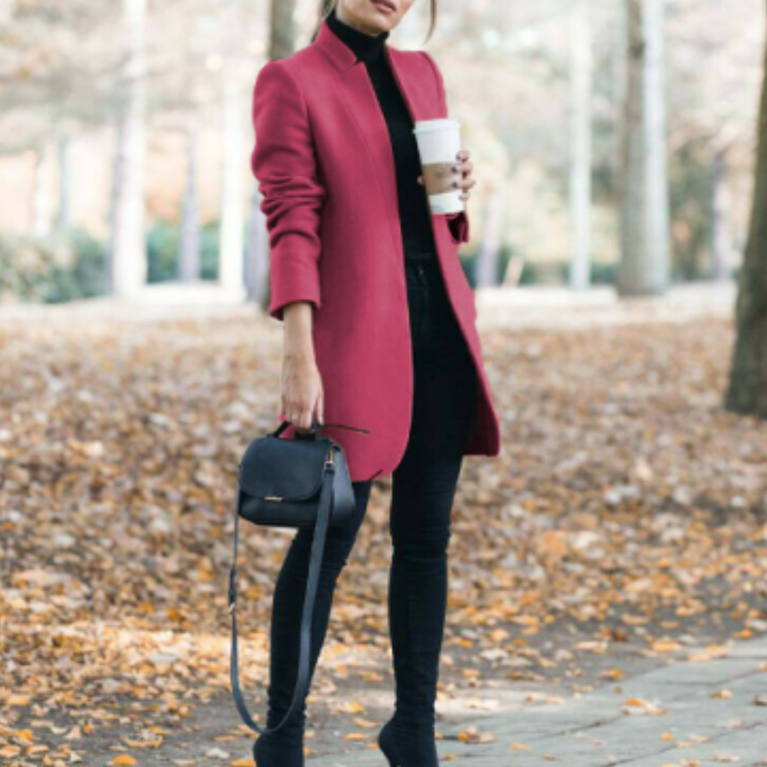 Timeless women's winter coat, stand collar, with sophisticated button closure.