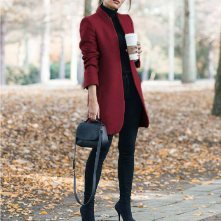 Elegant women's stand collar winter jacket, long sleeves, for ultimate warmth.