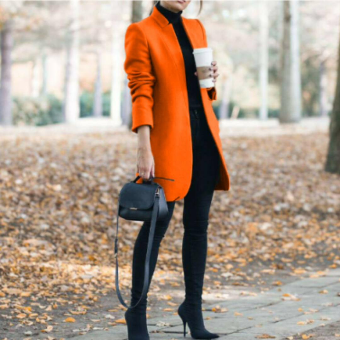 Warm women's fall fashion coat, long sleeves, with an elegant stand collar.