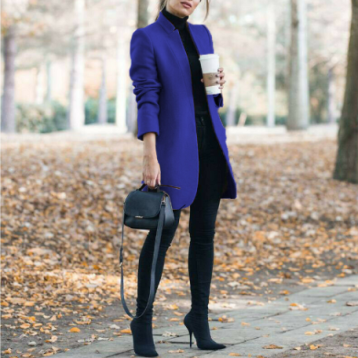 Timeless women's stand collar coat, a sophisticated choice for winter apparel.