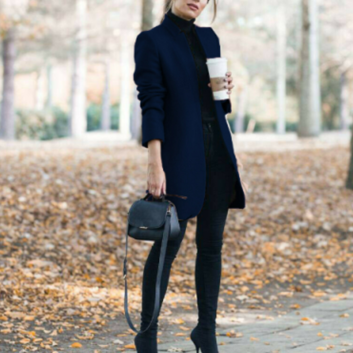 Ladies' warm winter coat with elegant stand collar and long sleeves for comfort.