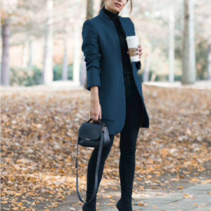 Women's long-sleeve winter jacket, elegant stand collar, featuring button details.