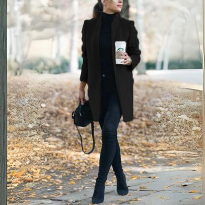 Sophisticated women's coat, stand collar, ideal for elegant fall & winter warmth.
