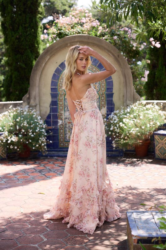 Flowy white strapless floral maxi dress for women, ideal for beach weddings or summer evenings.