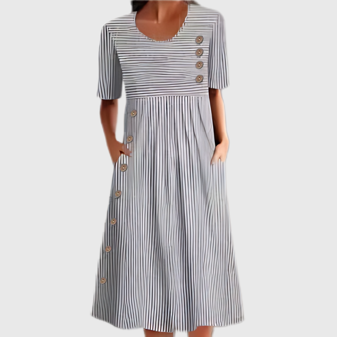 Stylish women's day dress: striped midi with classic buttons. Perfect for casual wear, office or events.