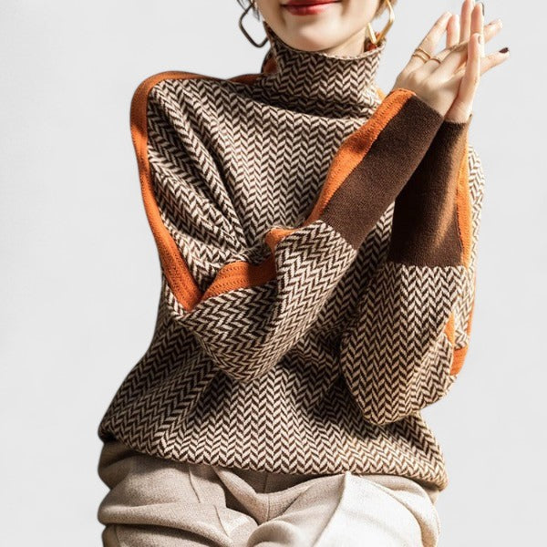 Sophisticated women's striped high-collar sweater, an elegant knit top for chic autumn and winter wear.