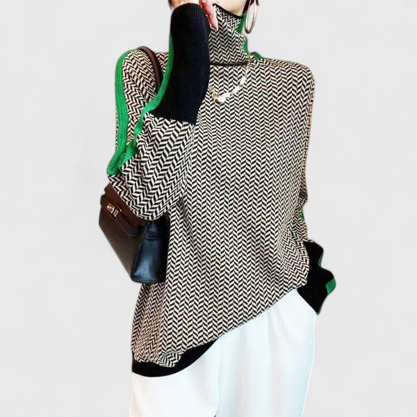 Stylish women's striped knit sweater. A chic, high-collar top perfect for versatile autumn & winter elegant wear.