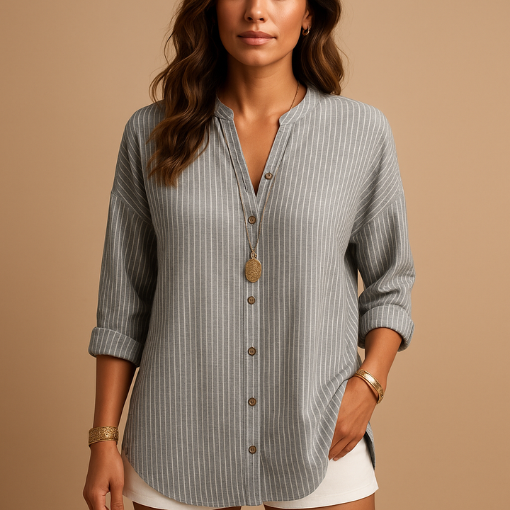 Elegant women's striped V-neck long sleeve shirt, ideal for professional office attire or chic everyday fashion.