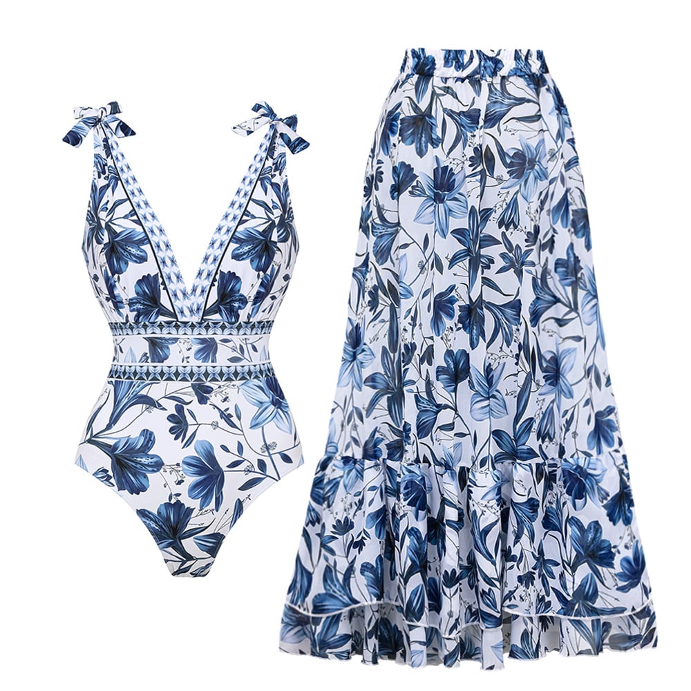 Trendy women's skirted swimsuit set, ultimate summer fashion for elegant beachwear.