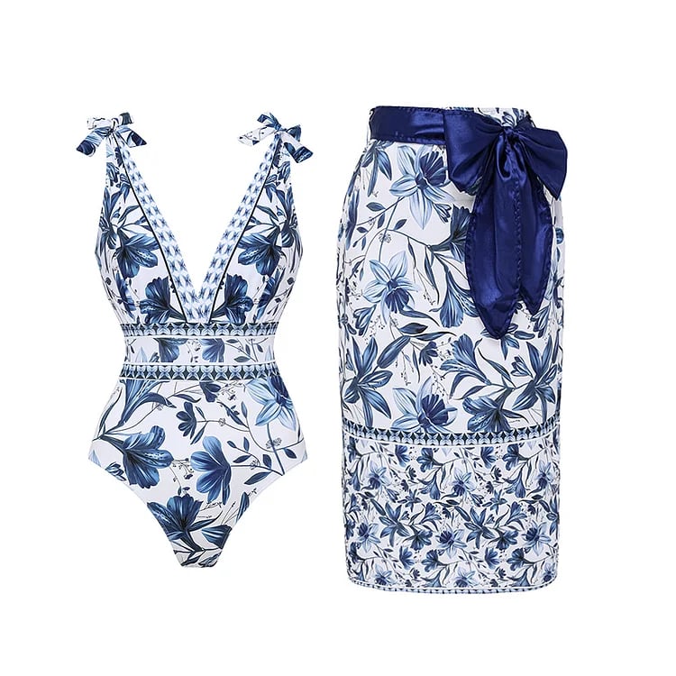 Elegant women's two-piece swimsuit with skirt, essential resort wear for a stylish vacation.