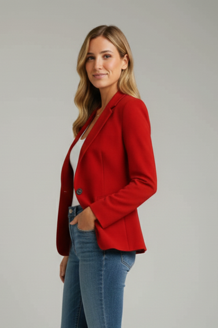 Modern women's tailored blazer jacket. Notched lapel, single button. Ideal for formal & business attire.