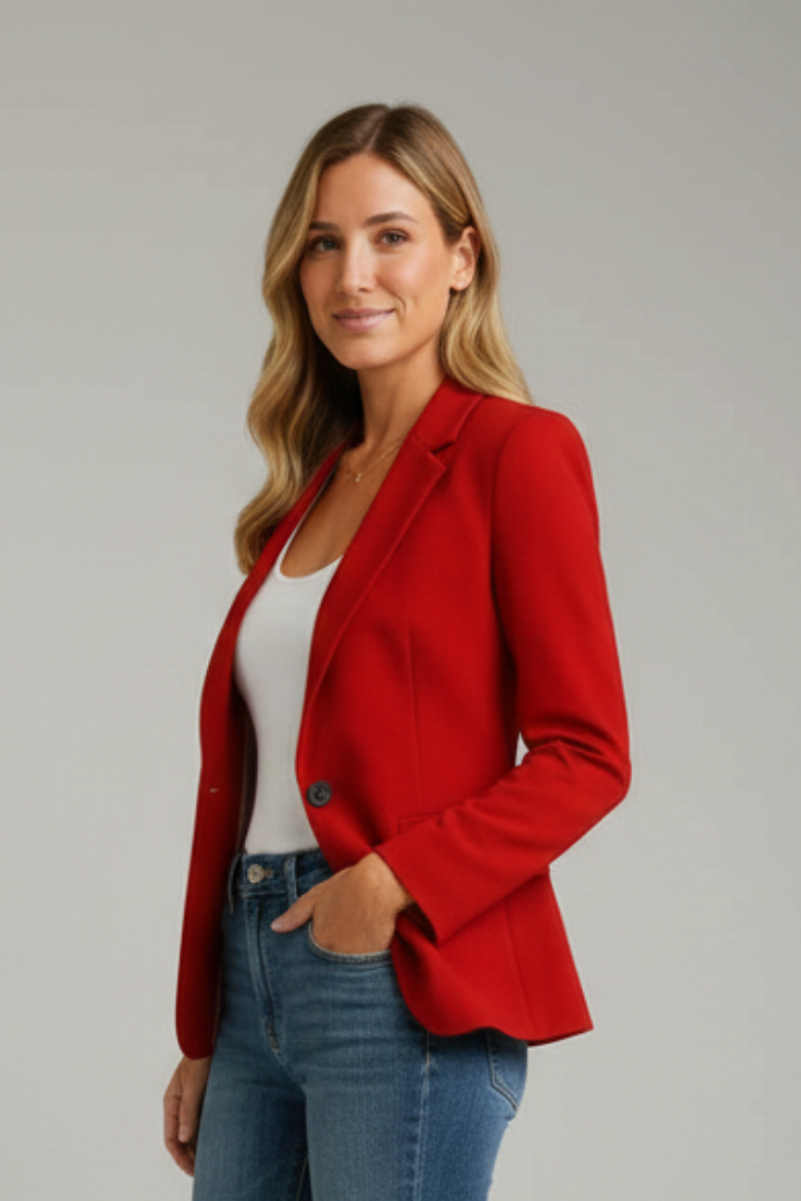 Effortless style: women's single button blazer with notched lapel. Tailored for professional office wear.