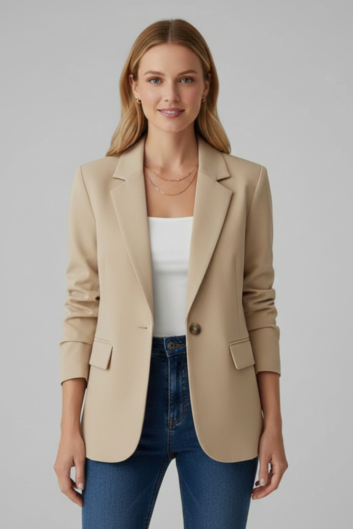 Modern women's office blazer. Single button closure and notched lapel for a polished, tailored fit.