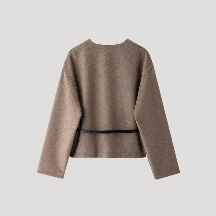 Versatile women's spring wrap jacket in taupe, featuring a stylish belt and comfortable fit