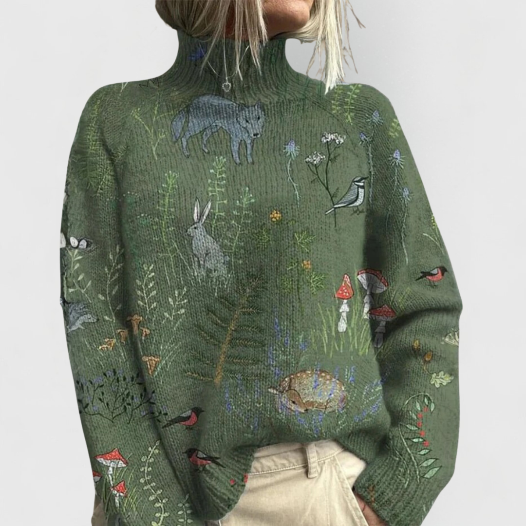 Stylish women's green turtleneck sweater. Versatile and cozy knitwear, ideal for elegant winter outfits.