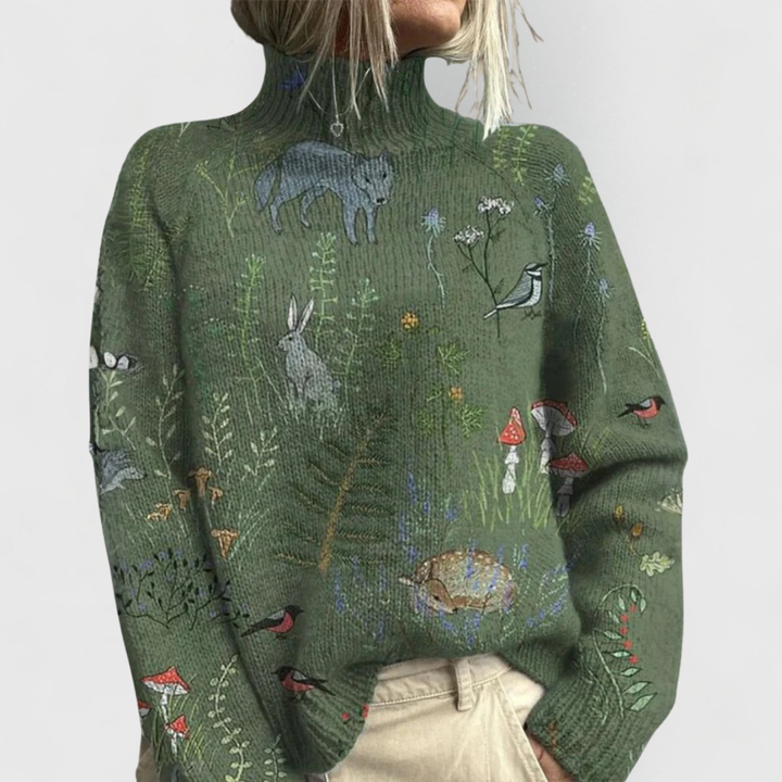 Stylish women's green turtleneck sweater. Versatile and cozy knitwear, ideal for elegant winter outfits.