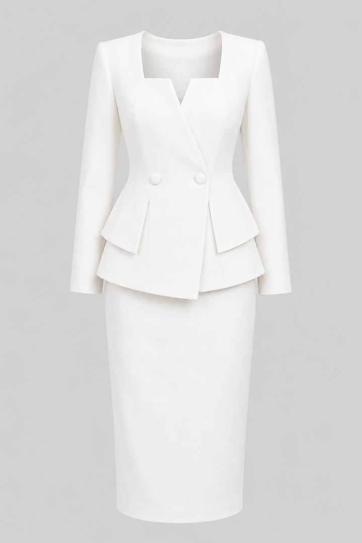 Versatile women's formal two-piece set, a chic jacket and skirt for elegant professional or business casual fashion.