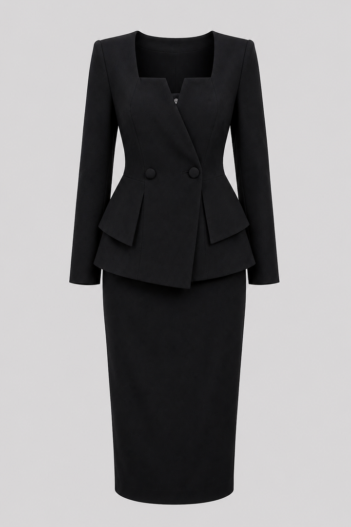 Fashionable women's matching two-piece set: a professional jacket and elegant skirt, ideal for office attire.