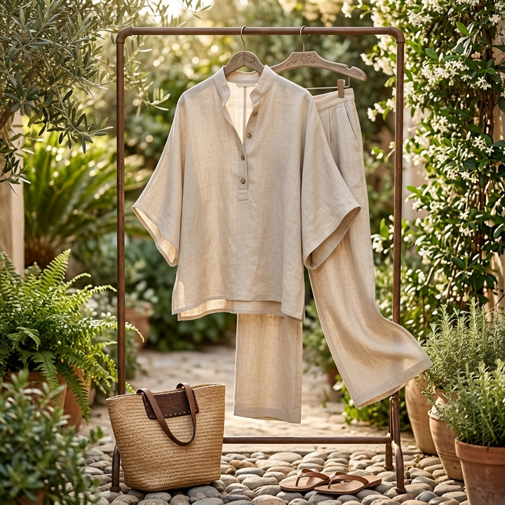 Effortless women's two-piece set: Kimono sleeve top & wide leg pants for an elegant summer.