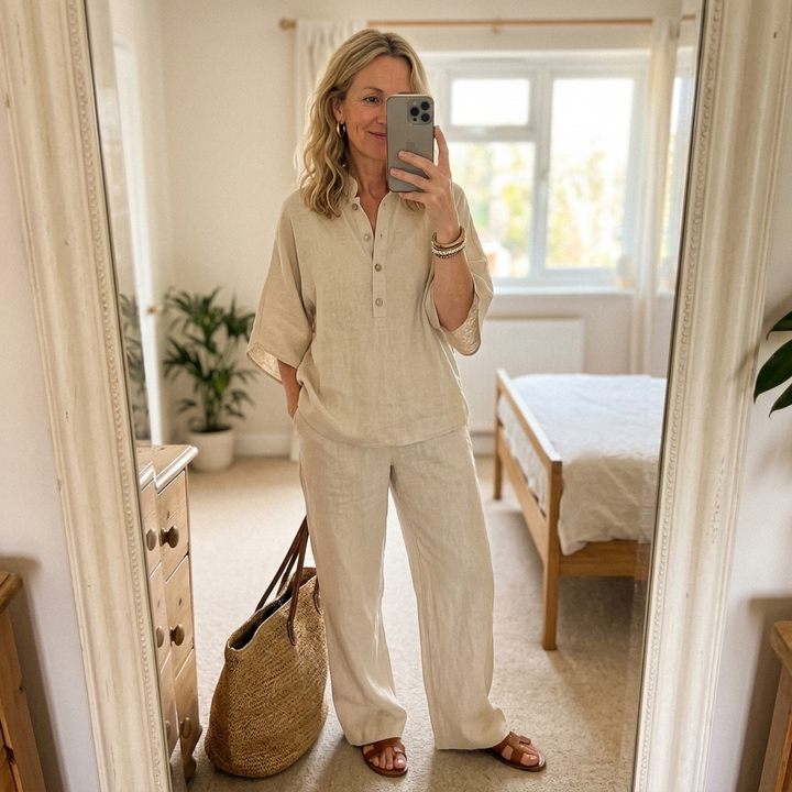 Women's elegant summer set: Kimono sleeve top with a mandarin collar & stylish wide leg pants.