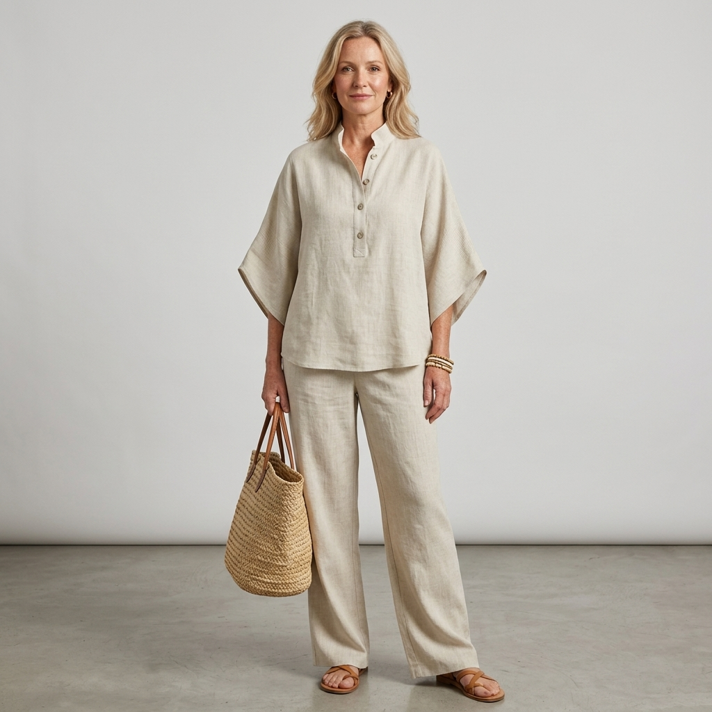 Versatile women's set: Kimono sleeve top & wide leg pants, perfect for casual or elegant occasions.