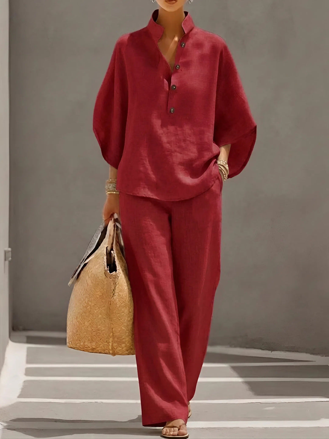 Vacation-ready women's set with a mandarin collar top and comfortable wide leg pants.
