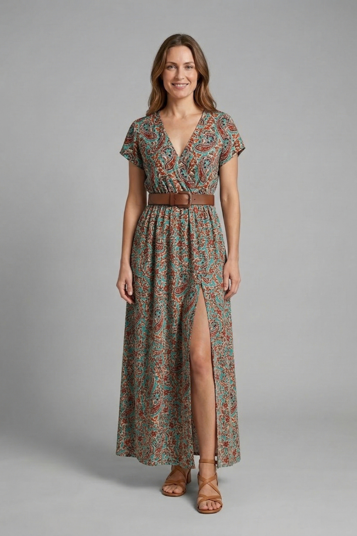 Versatile women's V-neck maxi dress, sleeveless and chic, with an elegant side slit for day to night wear.