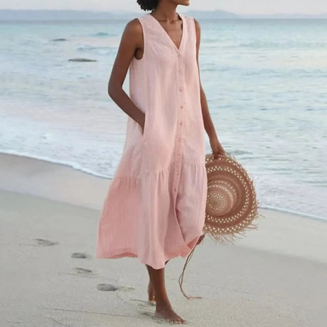 Flowy V-neck midi sundress for women, ideal for effortless spring and summer casual style or beachwear.