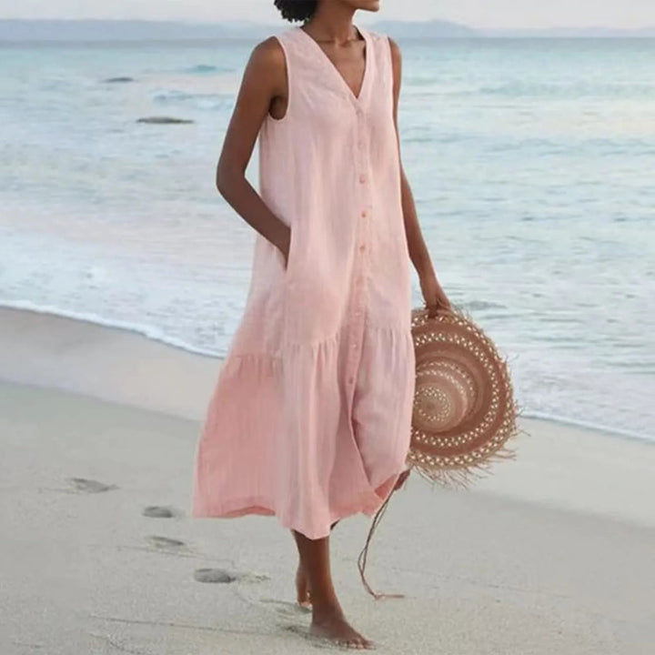 Flowy V-neck midi sundress for women, ideal for effortless spring and summer casual style or beachwear.