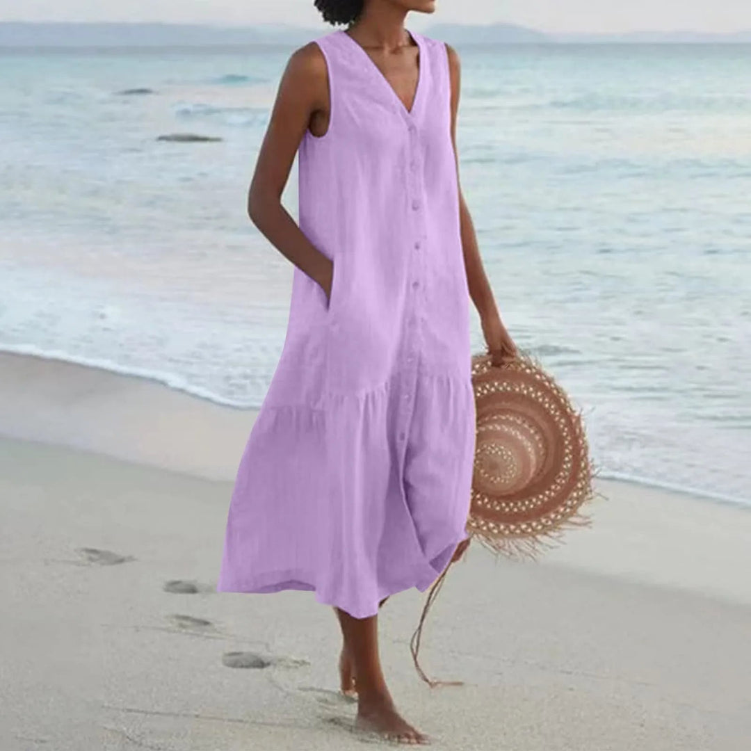 Chic women's V-neck midi sundress, an elegant flowy dress for spring, summer vacation, and beach style.