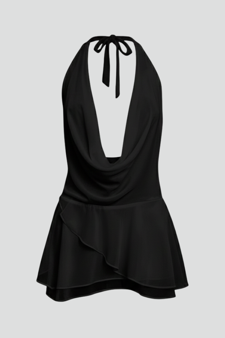 Women's elegant V-neck open back mini dress, perfect for cocktail parties or evening wear. Fashionable sleeveless design.