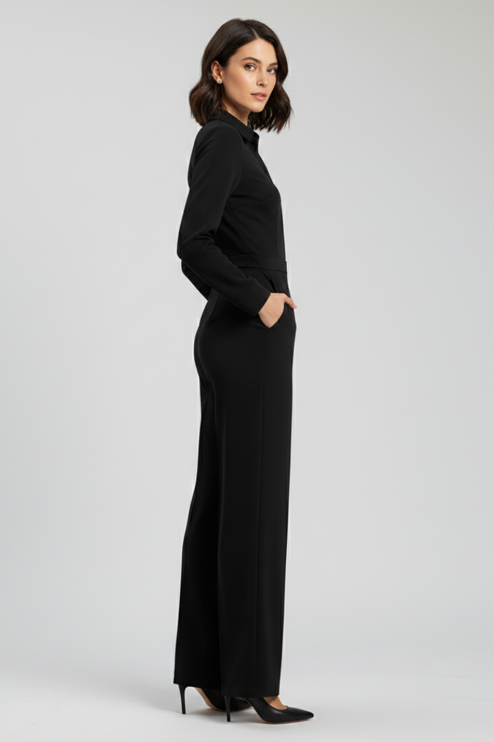 Stylish women's one-piece wide leg jumpsuit. Features a chic shirt collar and long sleeves.