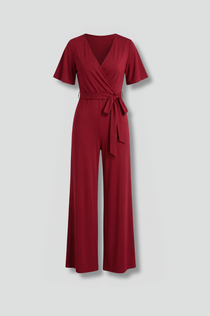 Women's elegant wrap front jumpsuit with tie waist, wide leg, and short sleeves for versatile style.