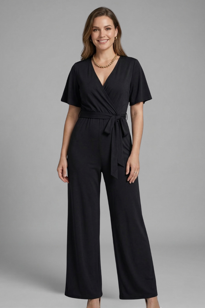 Women's sophisticated wide-leg jumpsuit with a chic wrap front, short sleeves, and adjustable tie waist.