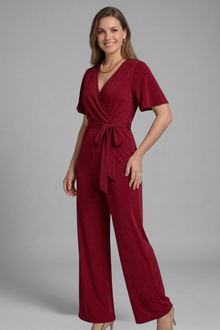 Versatile women's elegant jumpsuit: wrap front, tie waist, wide leg. Ideal for various occasions.