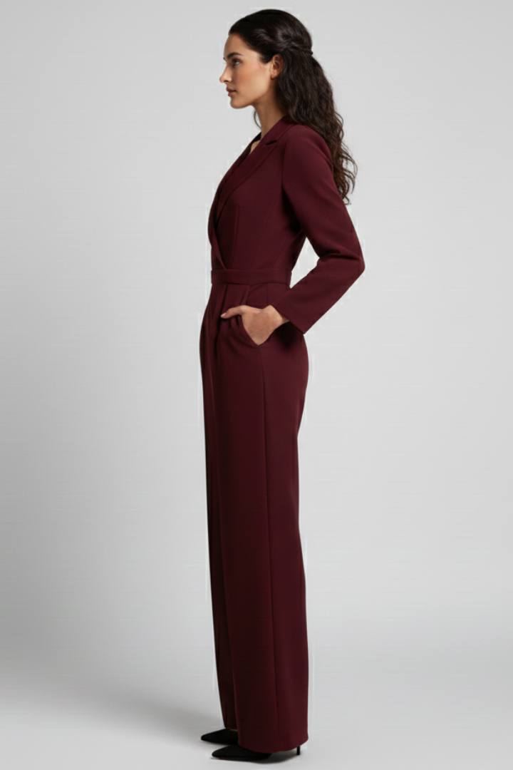 Chic women's formal jumpsuit with a comfortable wrap front and elegant wide leg design.