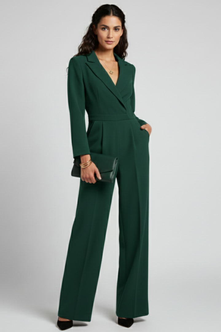 Elegant women's one-piece outfit, a wrap front wide leg jumpsuit suitable for any occasion.