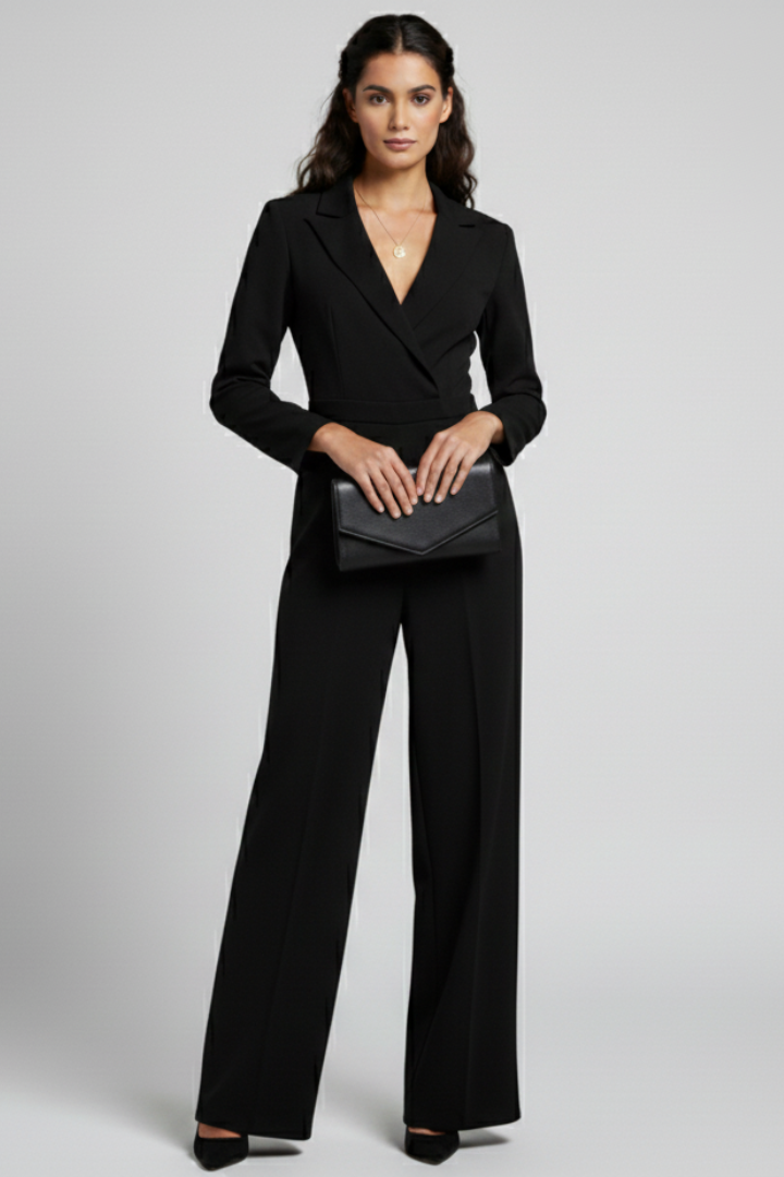 Versatile women's V-neck jumpsuit, elegant wrap front and wide leg for modern fashion.